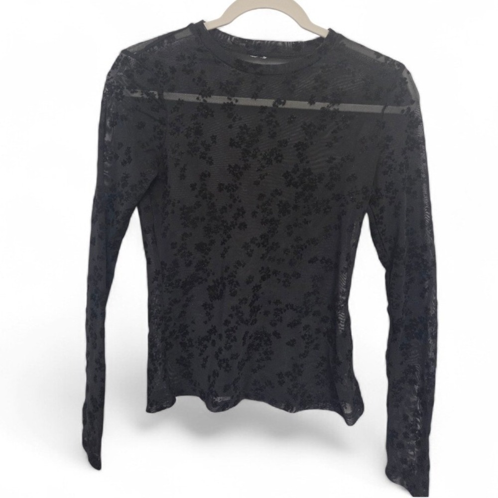 Vintage 90s Black Sheer Mesh Whimseygoth Floral Long Sleeve Top Crew Neck‎  S